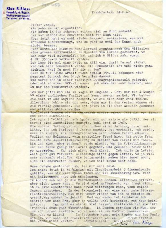 Letter to Jakob Eisenscher from Rico R. Blass, Frankfurt, Germany